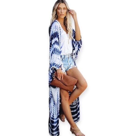 Blue White Tie Dye Boho Long Kimono Robe Beach Cover Ups NEW - Picture 2 of 3